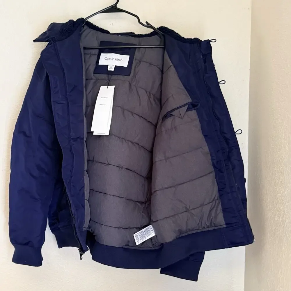 $228 Calvin Klein Oversized Hooded Water Resistant Puffer Bomber Jacket Navy 2XL